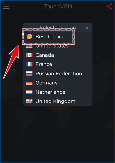Выбор региона Touch VPN