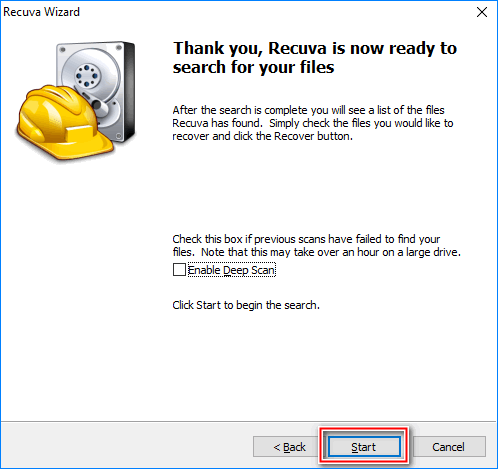 Запуск поиска файлов в Recuva